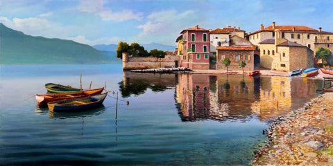 Paese sul lago White Modern Wood Framed Art Print with Double Matting by Galasso, Adriano