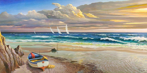 Tramonto sulla battigia White Modern Wood Framed Art Print with Double Matting by Galasso, Adriano