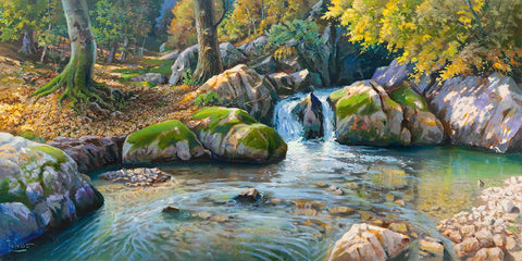 Cascatella nel bosco White Modern Wood Framed Art Print with Double Matting by Galasso, Adriano