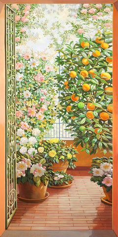 Porta sul terrazzo fiorito Black Ornate Wood Framed Art Print with Double Matting by Del Missier, Andrea