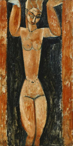 Caryatid White Modern Wood Framed Art Print with Double Matting by Modigliani, Amedeo