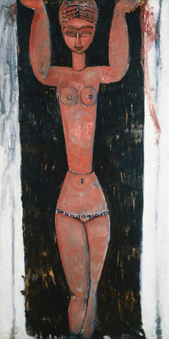 Caryatid Rouge White Modern Wood Framed Art Print with Double Matting by Modigliani, Amedeo