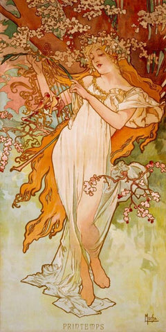 Printemps Black Ornate Wood Framed Art Print with Double Matting by Mucha, Alphonse