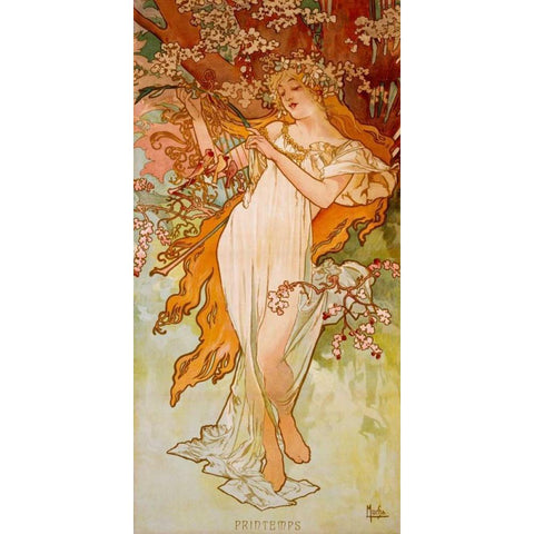 Printemps Gold Ornate Wood Framed Art Print with Double Matting by Mucha, Alphonse