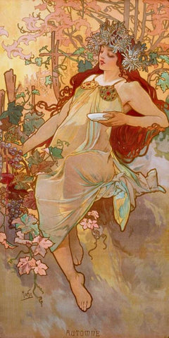 Automne White Modern Wood Framed Art Print with Double Matting by Mucha, Alphonse