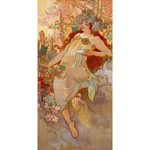 Automne Black Modern Wood Framed Art Print with Double Matting by Mucha, Alphonse