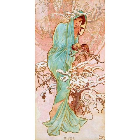 Hiver Black Modern Wood Framed Art Print with Double Matting by Mucha, Alphonse