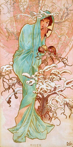 Hiver White Modern Wood Framed Art Print with Double Matting by Mucha, Alphonse