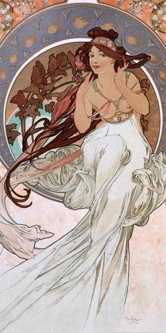 La-musique White Modern Wood Framed Art Print with Double Matting by Mucha, Alphonse