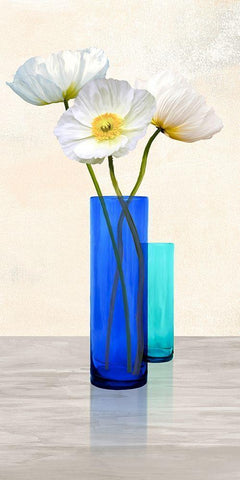 Poppies in crystal vases (Aqua II) White Modern Wood Framed Art Print with Double Matting by Cynthia, Ann