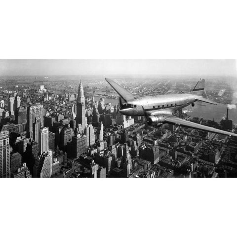 DC-4 over Manhattan, NYC Black Modern Wood Framed Art Print with Double Matting by Anonymous