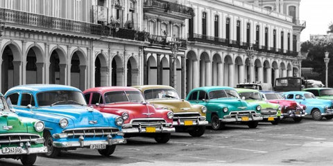 Cars parked in line, Havana, Cuba White Modern Wood Framed Art Print with Double Matting by Pangea Images
