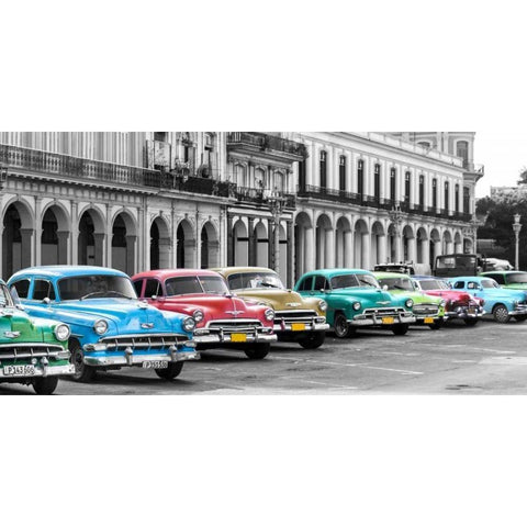 Cars parked in line, Havana, Cuba White Modern Wood Framed Art Print by Pangea Images