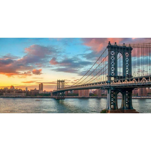 Manhattan Bridge at sunset, NYC Gold Ornate Wood Framed Art Print with Double Matting by Anonymous