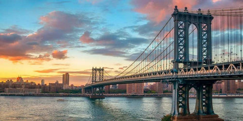 Manhattan Bridge at sunset, NYC Black Ornate Wood Framed Art Print with Double Matting by Anonymous