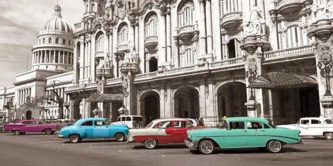 Vintage American cars in Havana, Cuba White Modern Wood Framed Art Print with Double Matting by Anonymous