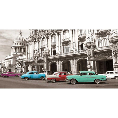 Vintage American cars in Havana, Cuba Gold Ornate Wood Framed Art Print with Double Matting by Anonymous