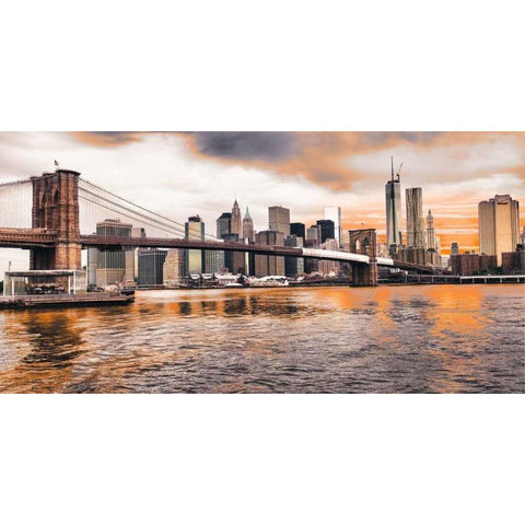 Brooklyn Bridge and Lower Manhattan at sunset, NYC Black Modern Wood Framed Art Print with Double Matting by Pangea Images
