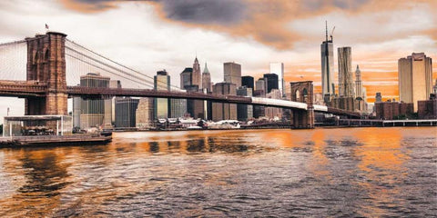 Brooklyn Bridge and Lower Manhattan at sunset, NYC Black Ornate Wood Framed Art Print with Double Matting by Pangea Images