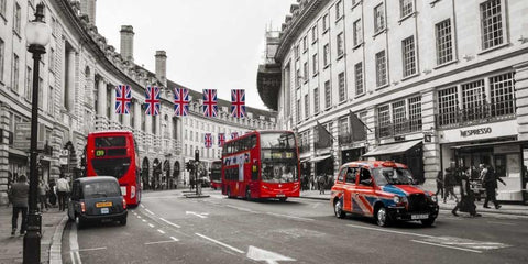 Buses and taxis in Oxford Street, London Black Ornate Wood Framed Art Print with Double Matting by Pangea Images