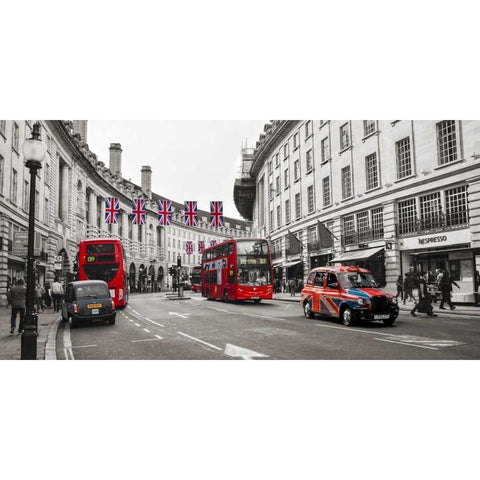 Buses and taxis in Oxford Street, London Black Modern Wood Framed Art Print by Pangea Images