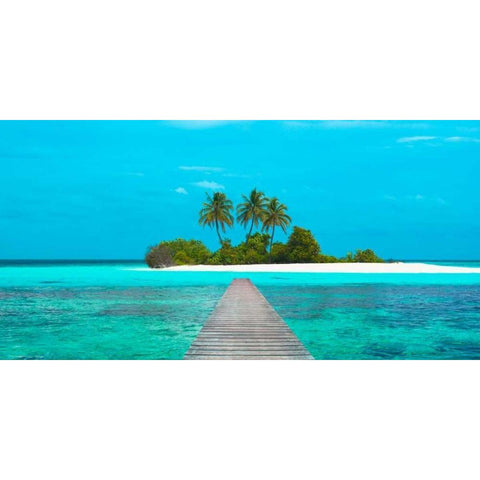 Jetty and Maldivian island White Modern Wood Framed Art Print by Pangea Images