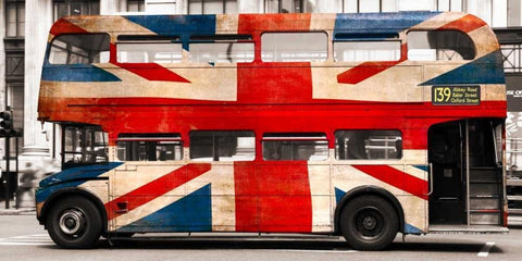 Union jack double-decker bus, London Black Ornate Wood Framed Art Print with Double Matting by Pangea Images