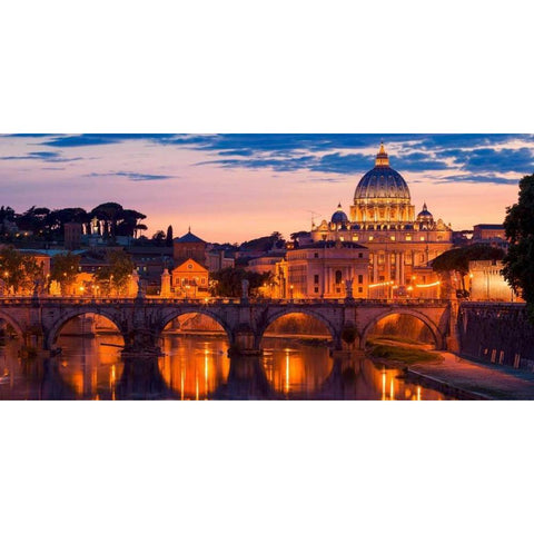 Night view at St. Peters cathedral, Rome Gold Ornate Wood Framed Art Print with Double Matting by Anonymous