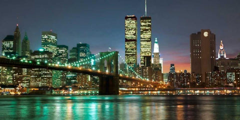 The Brooklyn Bridge and Twin Towers at Night White Modern Wood Framed Art Print with Double Matting by Mancini, Barry