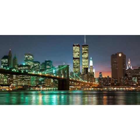 The Brooklyn Bridge and Twin Towers at Night White Modern Wood Framed Art Print by Mancini, Barry