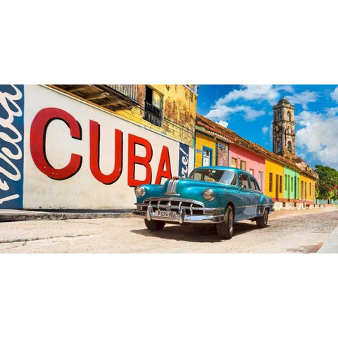 Vintage car and mural- Cuba Black Modern Wood Framed Art Print by Pangea Images