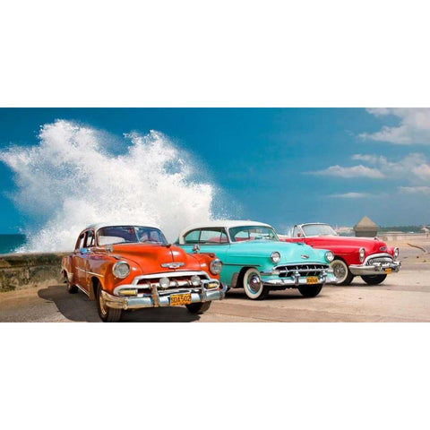 Cars in Avenida de Maceo- Havana- Cuba White Modern Wood Framed Art Print by Pangea Images