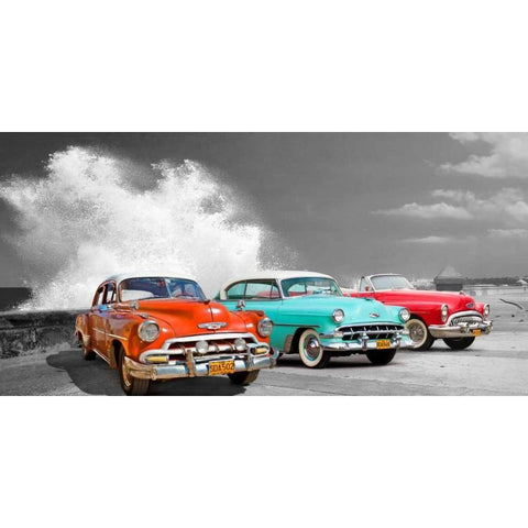 Cars in Avenida de Maceo- Havana- Cuba White Modern Wood Framed Art Print by Pangea Images