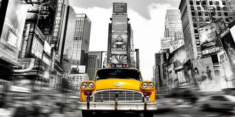 Vintage Taxi in Times Square, NYC White Modern Wood Framed Art Print with Double Matting by Lauren