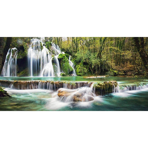 Waterfall in a forest Black Modern Wood Framed Art Print with Double Matting by Pangea Images