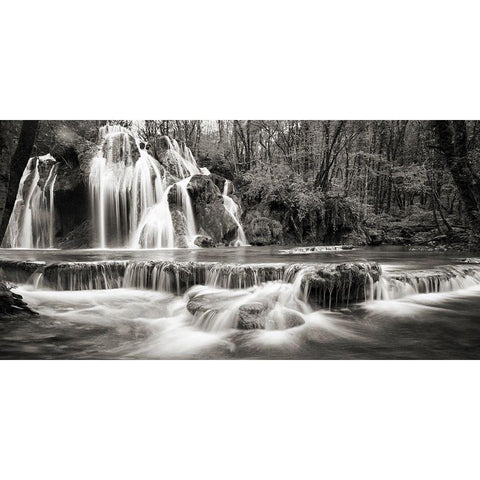 Waterfall in a forest (BW) Black Modern Wood Framed Art Print with Double Matting by Pangea Images