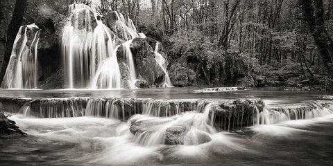Waterfall in a forest (BW) White Modern Wood Framed Art Print with Double Matting by Pangea Images