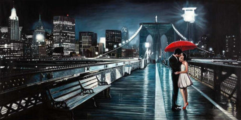 Kissing on Brooklyn Bridge White Modern Wood Framed Art Print with Double Matting by Benson, Pierre