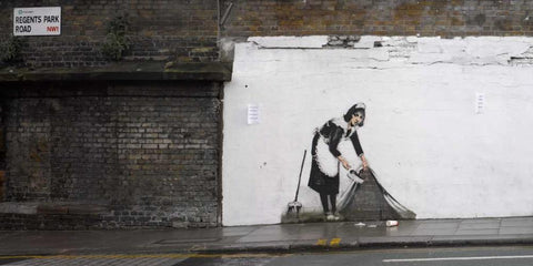 Regents Park Rd Camden London-graffiti attributed to Banksy White Modern Wood Framed Art Print with Double Matting by Anonymous