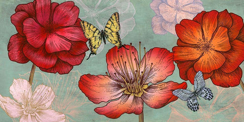Flowers and Butterflies (Aqua) White Modern Wood Framed Art Print with Double Matting by Grant, Eve C.