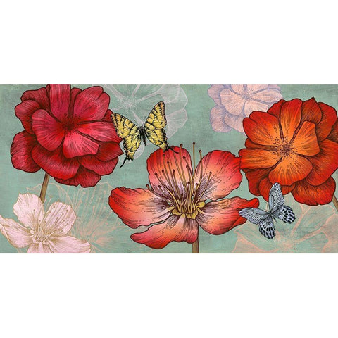 Flowers and Butterflies (Aqua) Black Modern Wood Framed Art Print with Double Matting by Grant, Eve C.