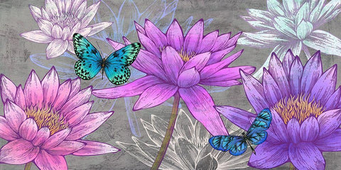 Nympheas and Butterflies (Ash) White Modern Wood Framed Art Print with Double Matting by Grant, Eve C.