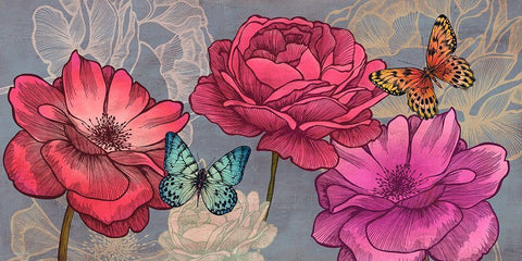 Roses and Butterflies (Ash) Black Ornate Wood Framed Art Print with Double Matting by Grant, Eve C.