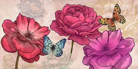 Roses and Butterflies (Neutral) White Modern Wood Framed Art Print with Double Matting by Grant, Eve C.