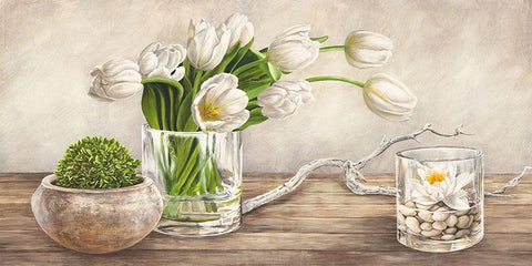 Arrangement with Tulips White Modern Wood Framed Art Print with Double Matting by Remy, Dellal