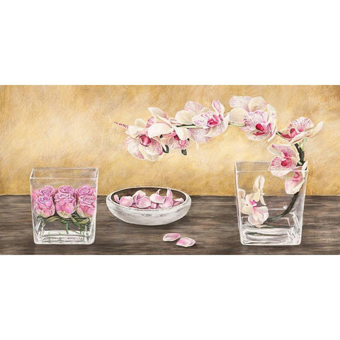 Orchids and Roses Arrangement Gold Ornate Wood Framed Art Print with Double Matting by Remy, Dellal