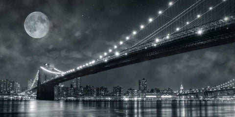 Brooklyn Bridge at Night - New York Black Ornate Wood Framed Art Print with Double Matting by Lacis, Janis