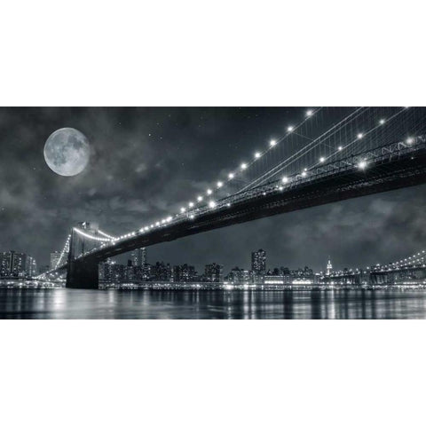 Brooklyn Bridge at Night - New York Black Modern Wood Framed Art Print by Lacis, Janis