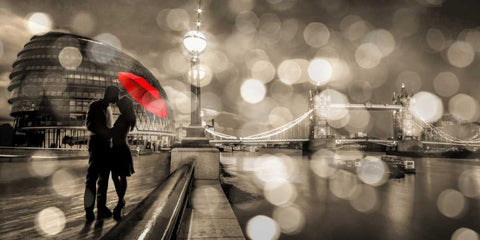 Kissing in London (BW) White Modern Wood Framed Art Print with Double Matting by Loumer, Dianne