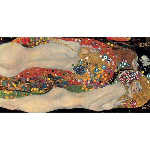 Sea Serpents Black Modern Wood Framed Art Print with Double Matting by Klimt, Gustav